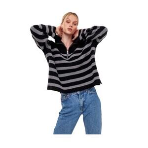 English Factory Striped Half Zip Sweater Black and Grey Stripe Size Large